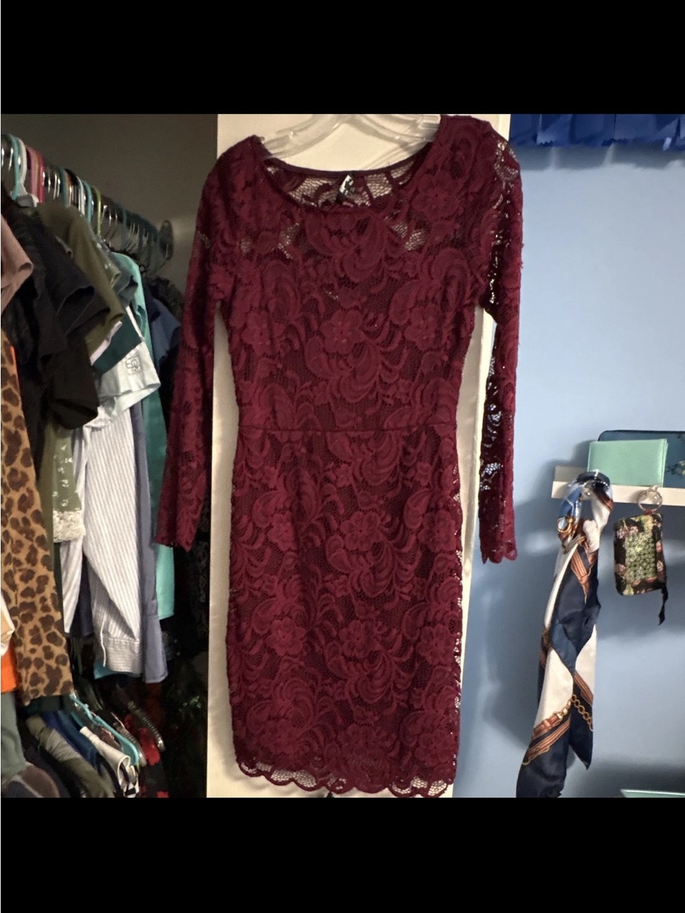 Ambiance Burgundy Lace Long-Sleeve Sheath Dress